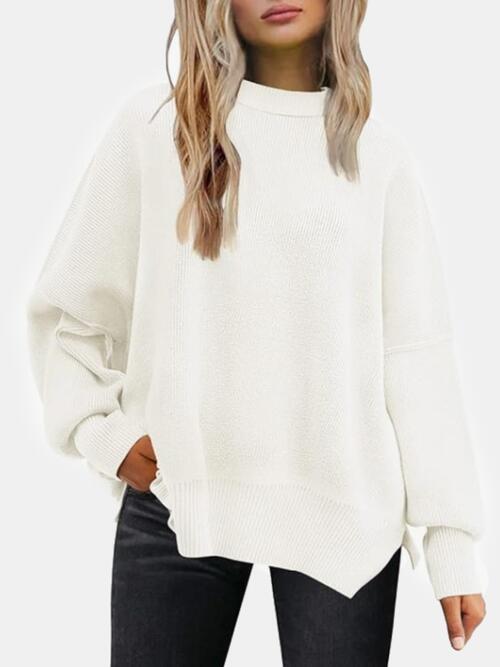 Round Neck Drop Shoulder Slit Sweater - House of Barvity