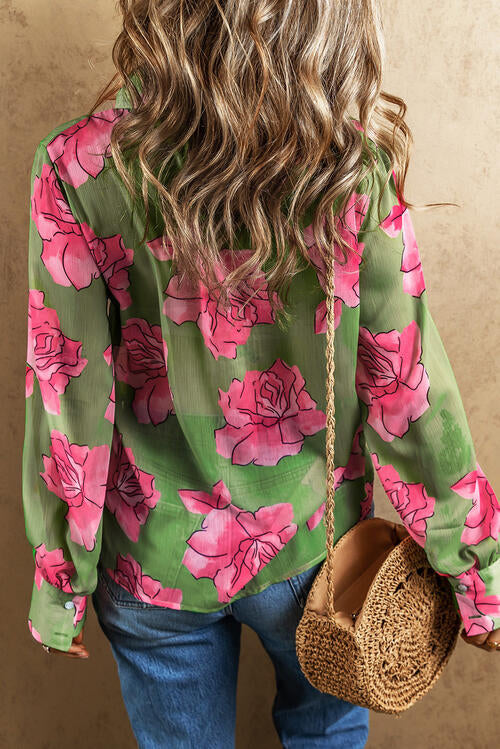 Flower Collared Neck Long Sleeve Shirt - House of Barvity