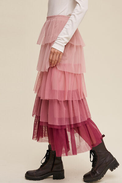 Elastic Waist Layered Tulle Midi Skirt - House of Barvity