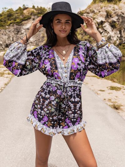 Printed Frill Half Button Balloon Sleeve Romper - House of Barvity