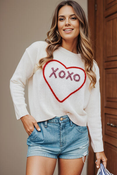 XOXO Heart Round Neck Dropped Shoulder Sweater - House of Barvity