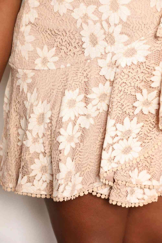 Double Take Floral Lace Pompom Detail Tie-Waist Flutter Sleeve Dress - House of Barvity