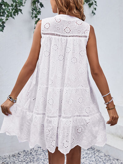 Eyelet Tie Neck Sleeveless Mini Dress - House of Barvity