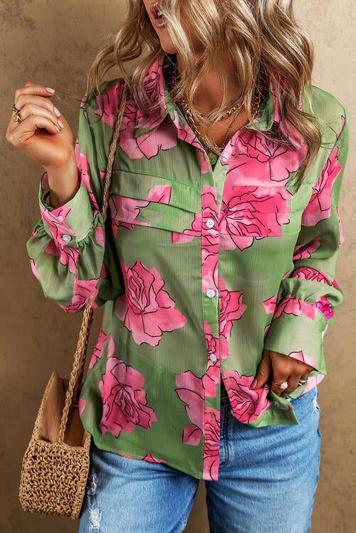 Flower Collared Neck Long Sleeve Shirt - House of Barvity