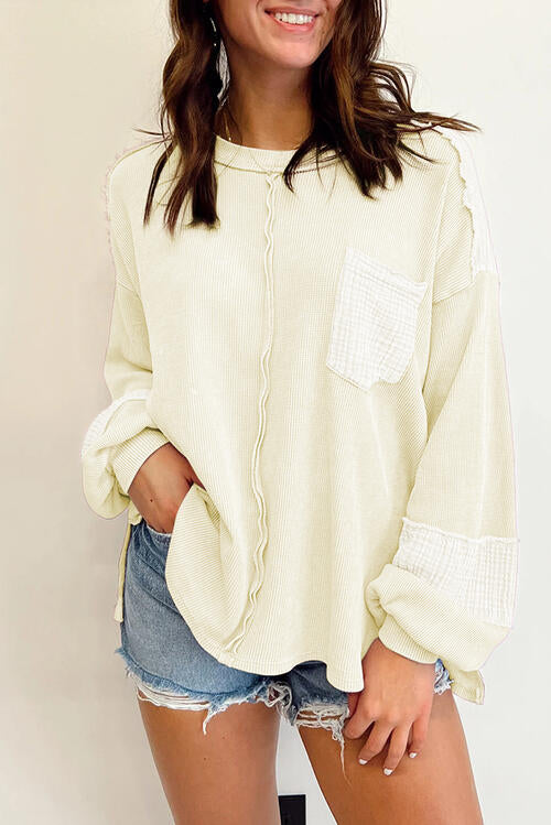 Waffle-Knit Exposed Seam Lantern Sleeve Blouse - House of Barvity