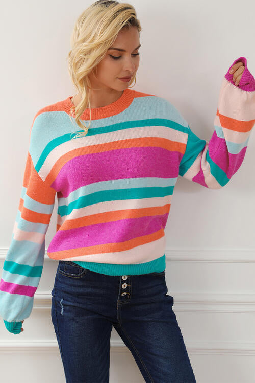 Striped Round Neck Long Sleeve Knit Top - House of Barvity