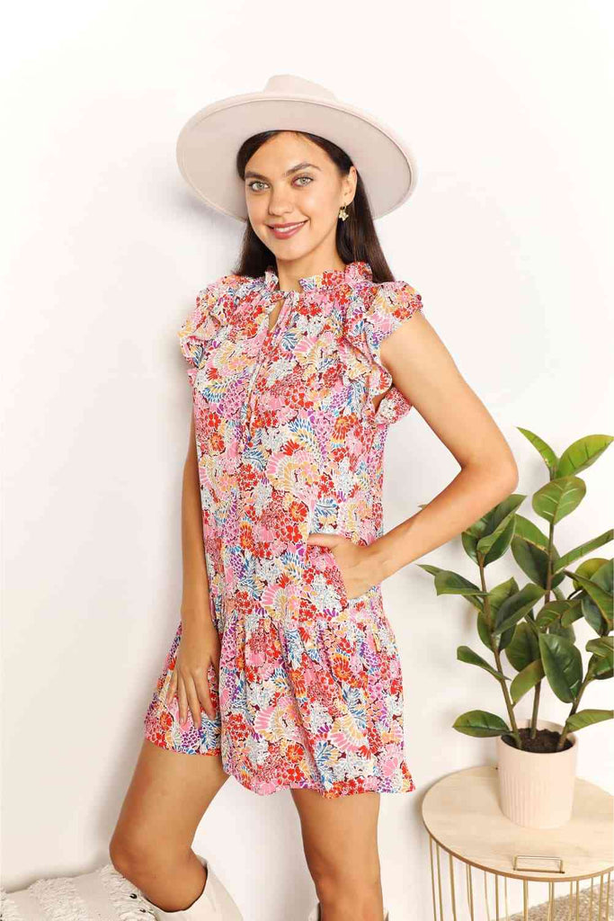 Double Take Floral Tie Neck Cap Sleeve Dress - House of Barvity