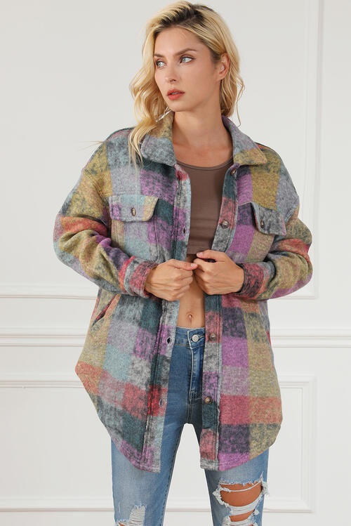 Plaid Collared Neck Button Front Jacket - House of Barvity