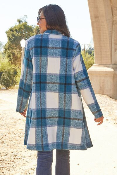 Double Take Full Size Plaid Button Up Lapel Collar Coat - House of Barvity