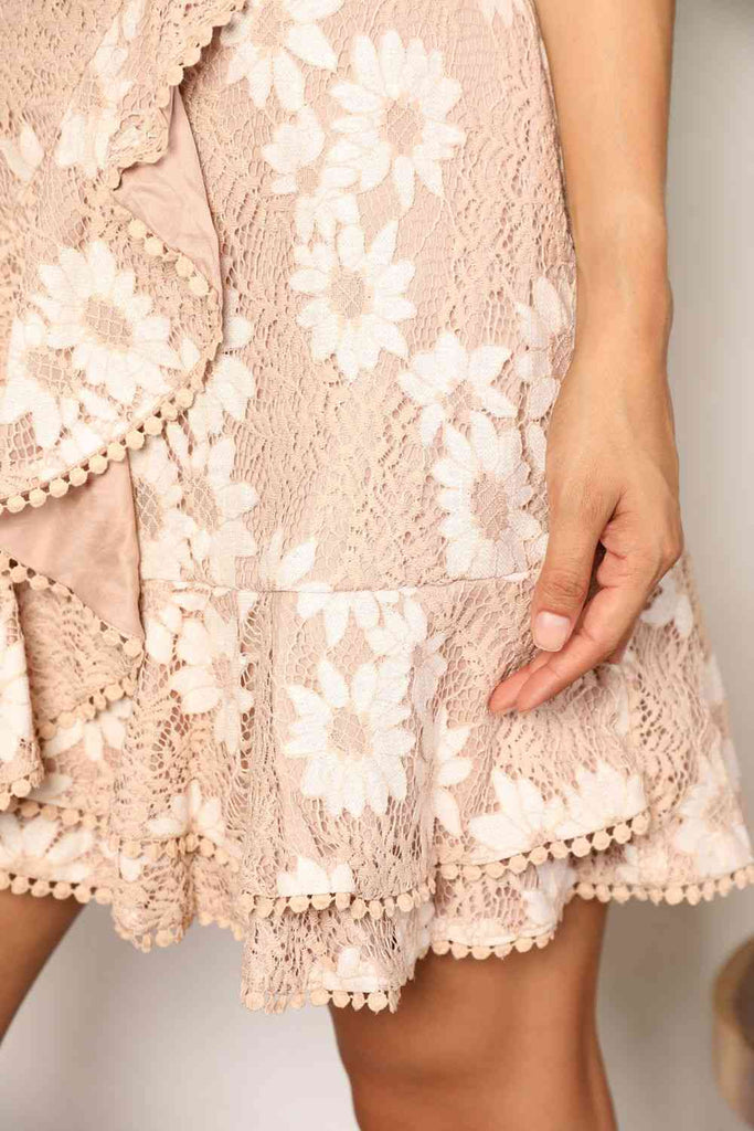 Double Take Floral Lace Pompom Detail Tie-Waist Flutter Sleeve Dress - House of Barvity