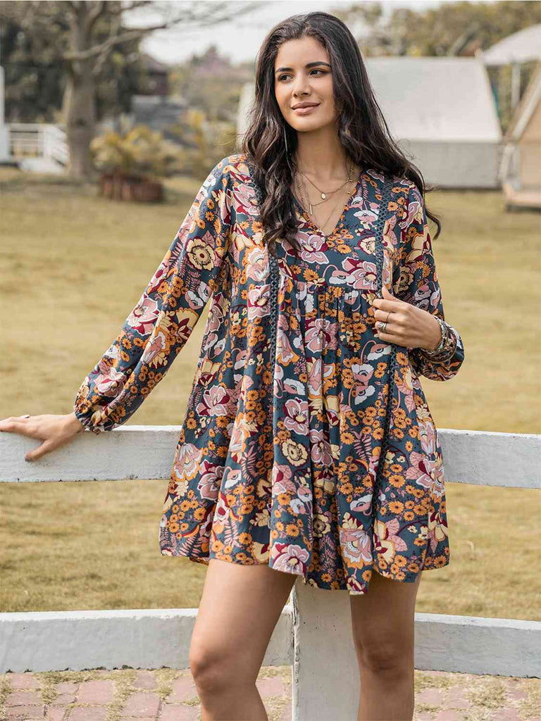 Floral Ruched V-Neck Long Sleeve Dress - House of Barvity