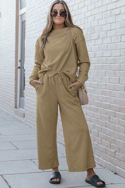 Double Take Full Size Textured Long Sleeve Top and Drawstring Pants Set - House of Barvity