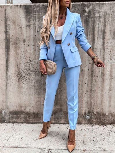 Lapel Collar Long Sleeve Blazer and Pants Set - House of Barvity