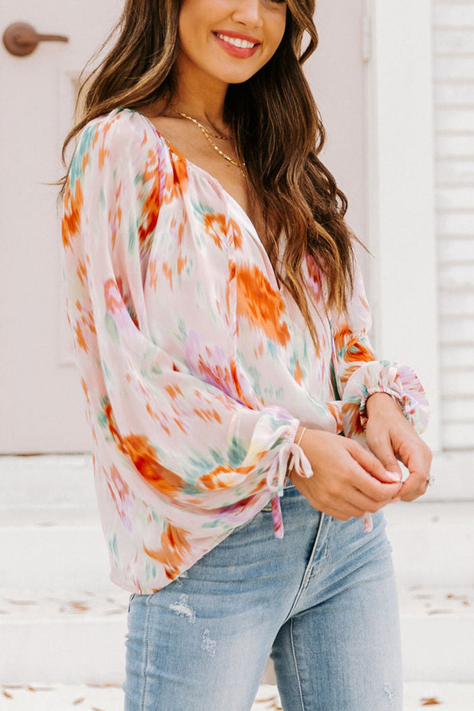 Printed Tie Neck Long Sleeve Blouse - House of Barvity