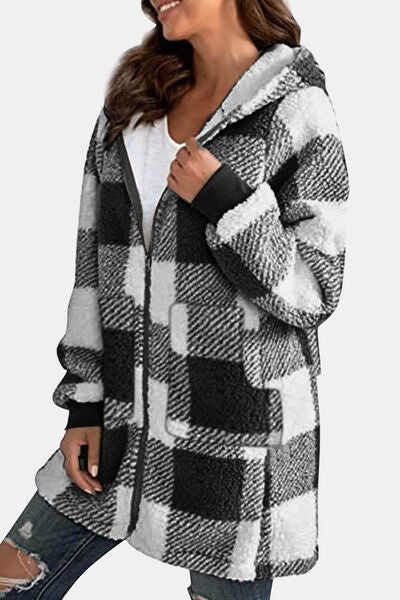 Double Take Full Size Plaid Long Sleeve Hooded Coat - House of Barvity