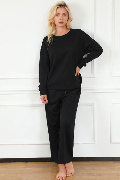 Double Take Full Size Textured Long Sleeve Top and Drawstring Pants Set - House of Barvity