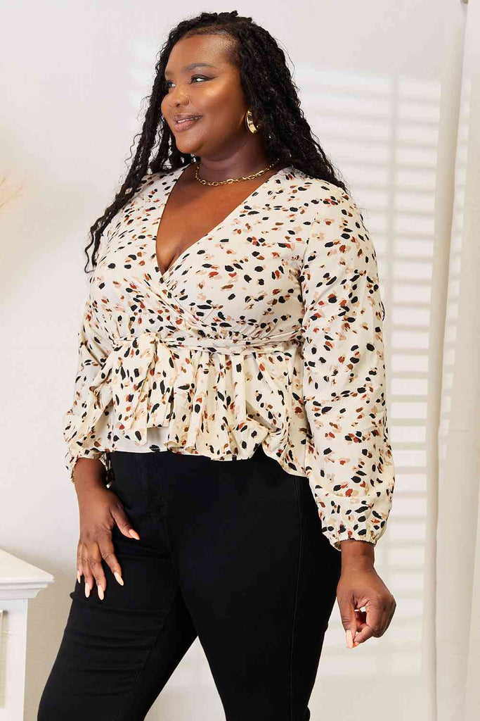 Double Take Printed Tied Plunge Peplum Blouse - House of Barvity