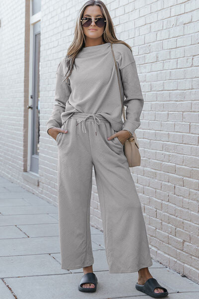 Double Take Full Size Textured Long Sleeve Top and Drawstring Pants Set - House of Barvity