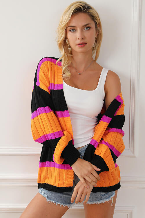 Ribbed Striped Open Front Long Sleeve Cardigan - House of Barvity