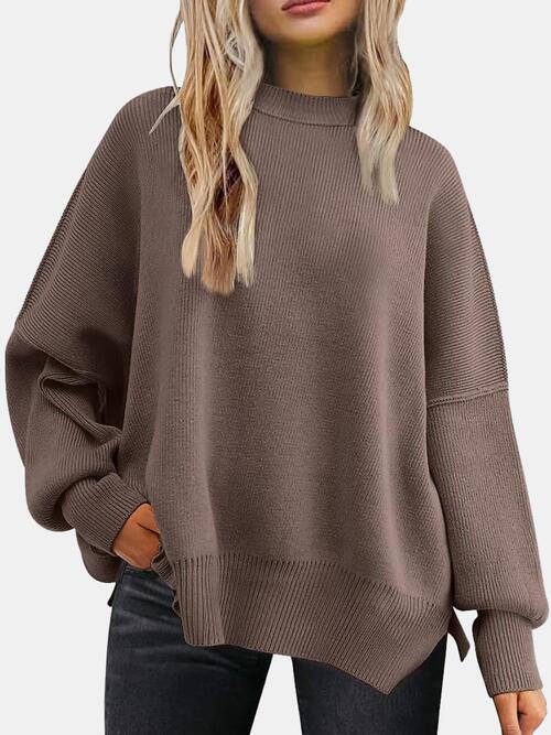 Round Neck Drop Shoulder Slit Sweater - House of Barvity