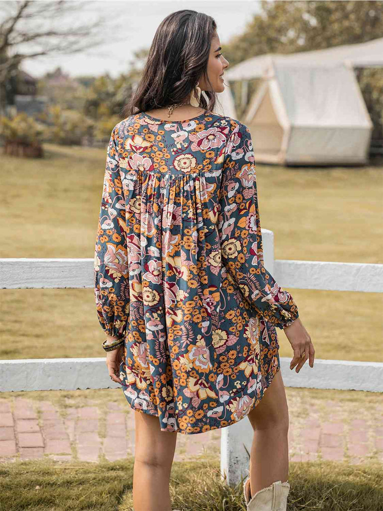 Floral Ruched V-Neck Long Sleeve Dress - House of Barvity