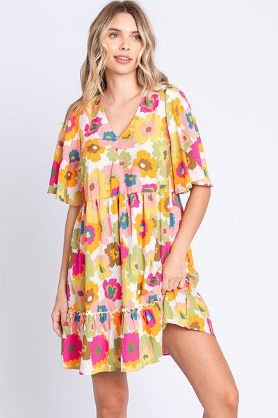 Floral V-Neck Ruffle Hem Mini Dress - House of Barvity