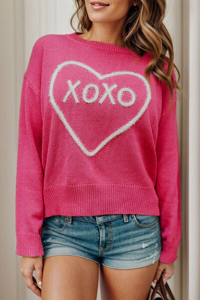 XOXO Heart Round Neck Dropped Shoulder Sweater - House of Barvity