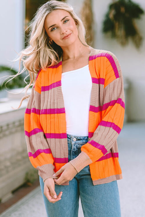 Ribbed Striped Open Front Long Sleeve Cardigan - House of Barvity