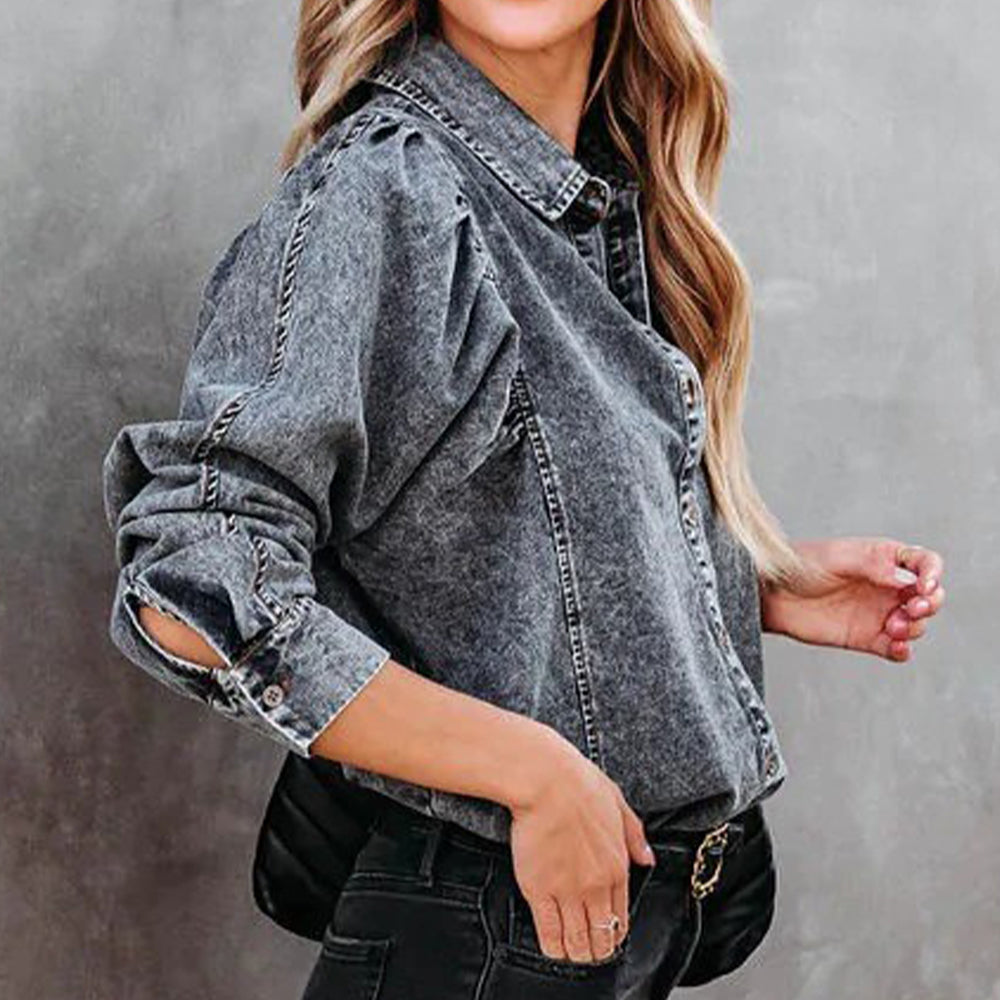 Collared Neck Buttoned Denim Shirt - House of Barvity