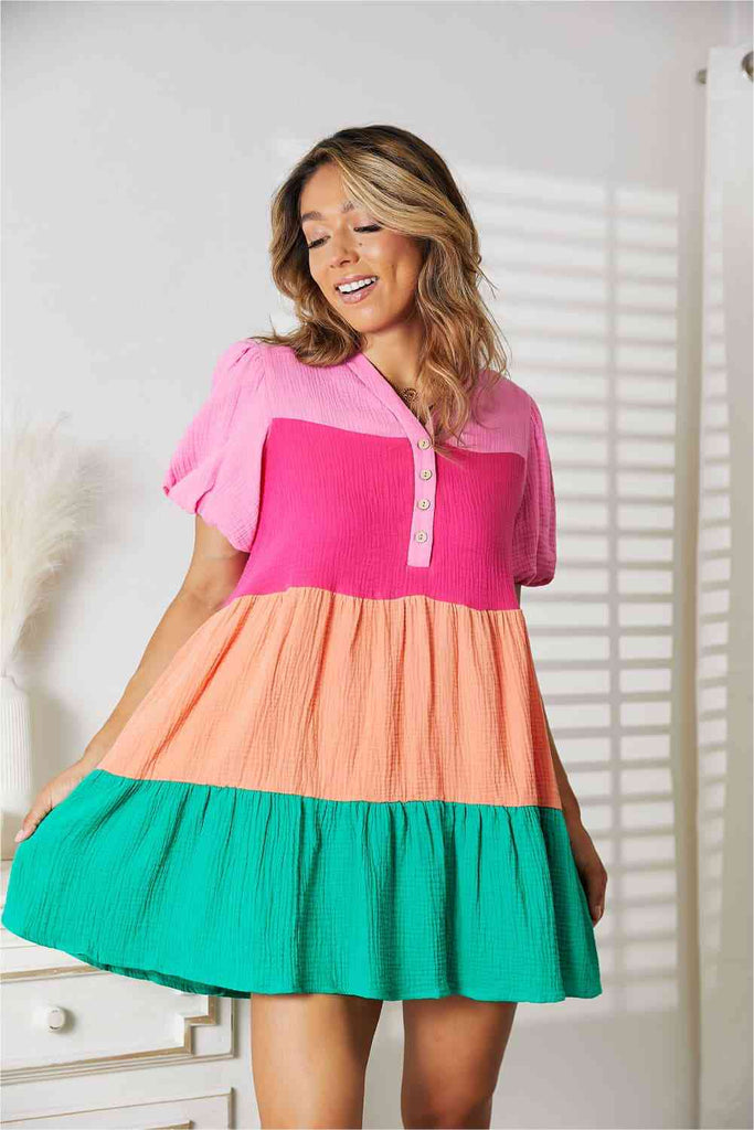 Color Block Puff Sleeve Dress - House of Barvity