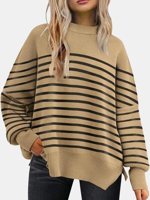 Round Neck Drop Shoulder Slit Sweater - House of Barvity