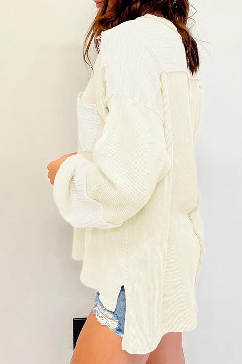 Waffle-Knit Exposed Seam Lantern Sleeve Blouse - House of Barvity