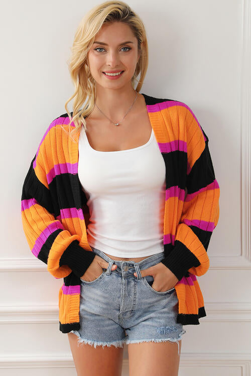 Ribbed Striped Open Front Long Sleeve Cardigan - House of Barvity