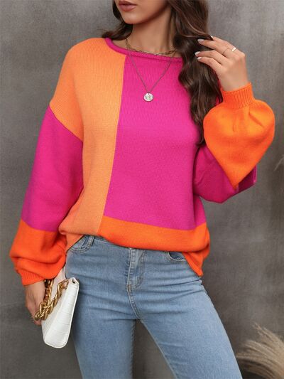 Color Block Round Neck Sweater - House of Barvity