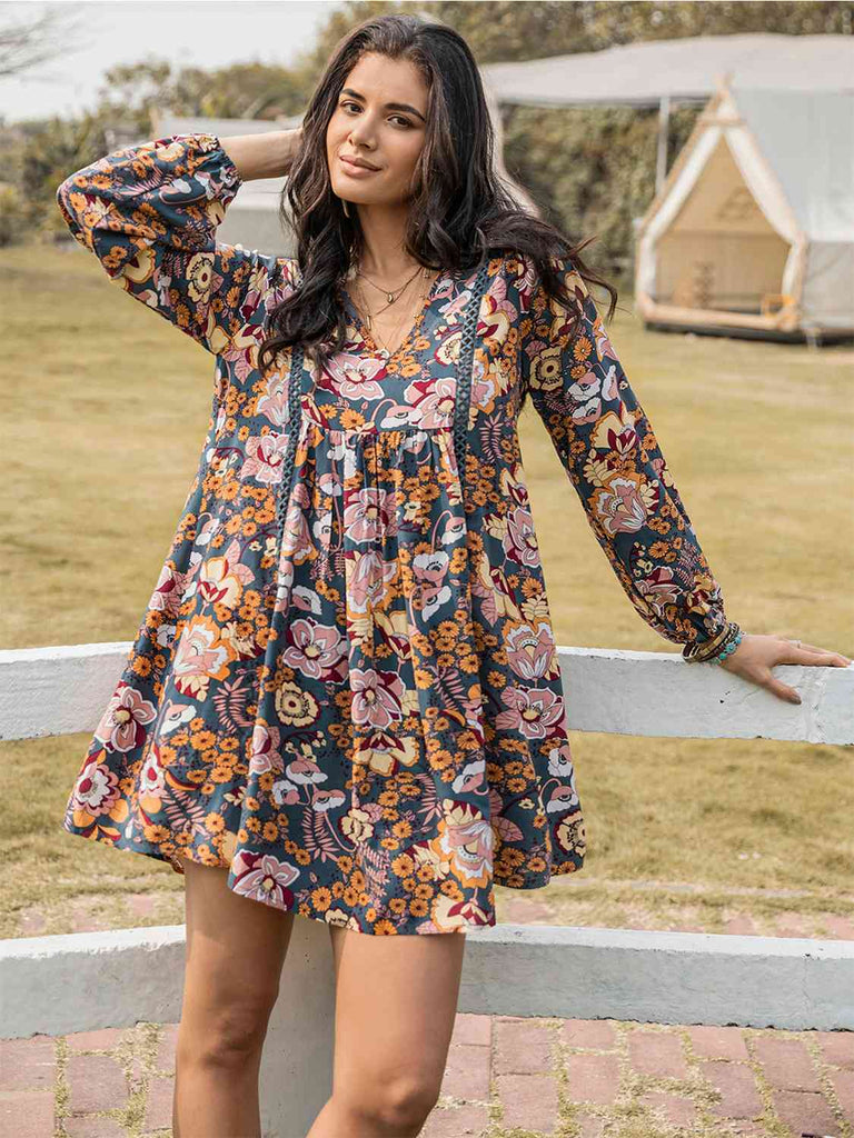 Floral Ruched V-Neck Long Sleeve Dress - House of Barvity