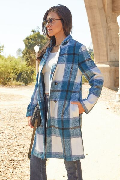 Double Take Full Size Plaid Button Up Lapel Collar Coat - House of Barvity